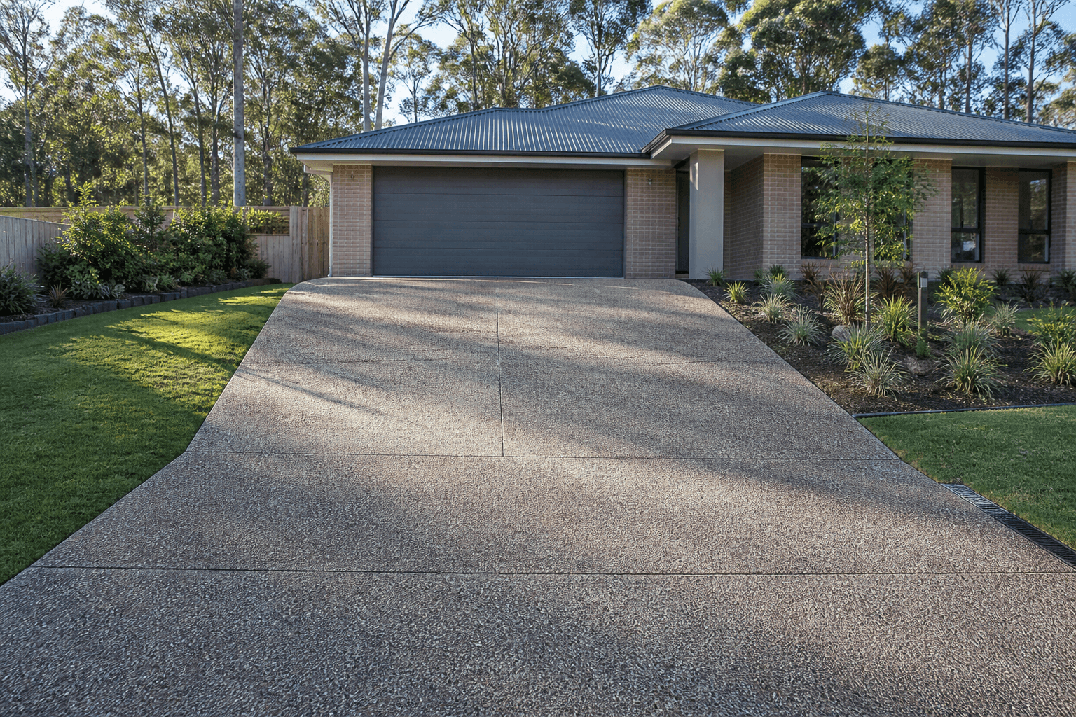 broad exposed aggregate driveway approaching a modest Australian home