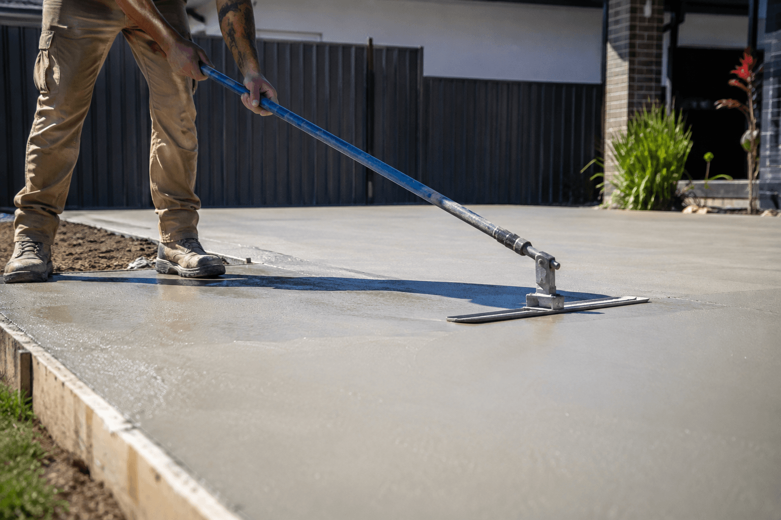 A concrete slab being levelled with a bull float